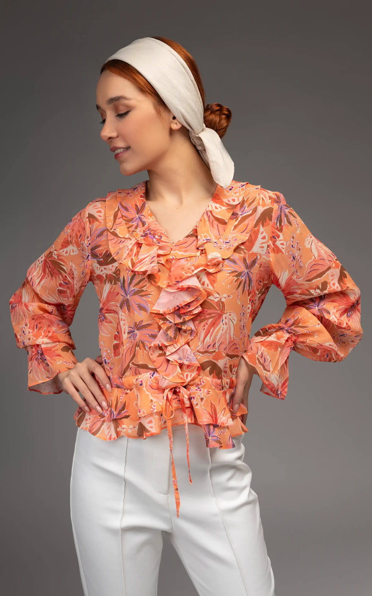 Front of Nevado Womens floral Patterned Multi-color balloon sleeves Blouse