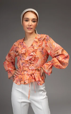 Front of Nevado Womens floral Patterned Multi-color balloon sleeves Blouse