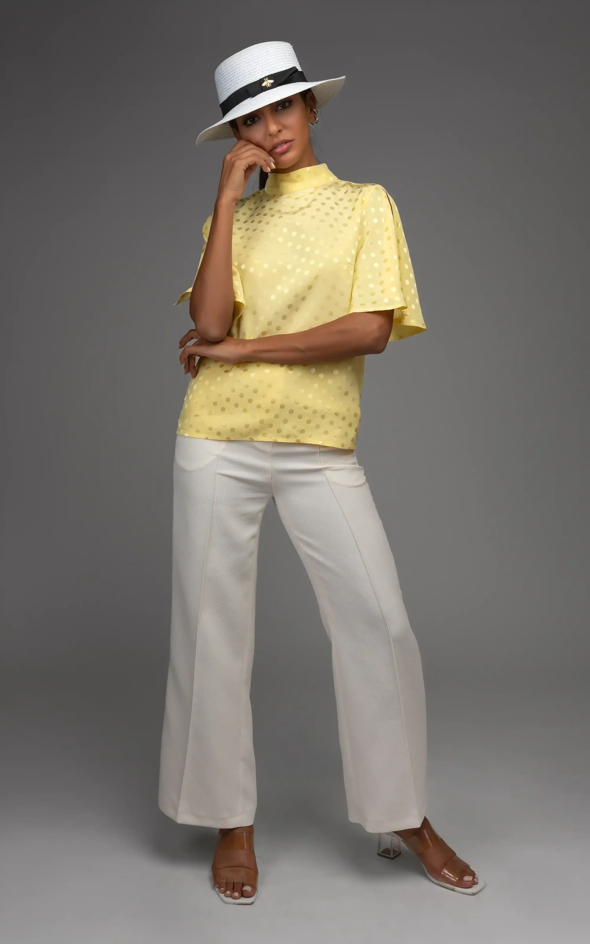 Front of nevado Womens Dotted Yellow Blouse