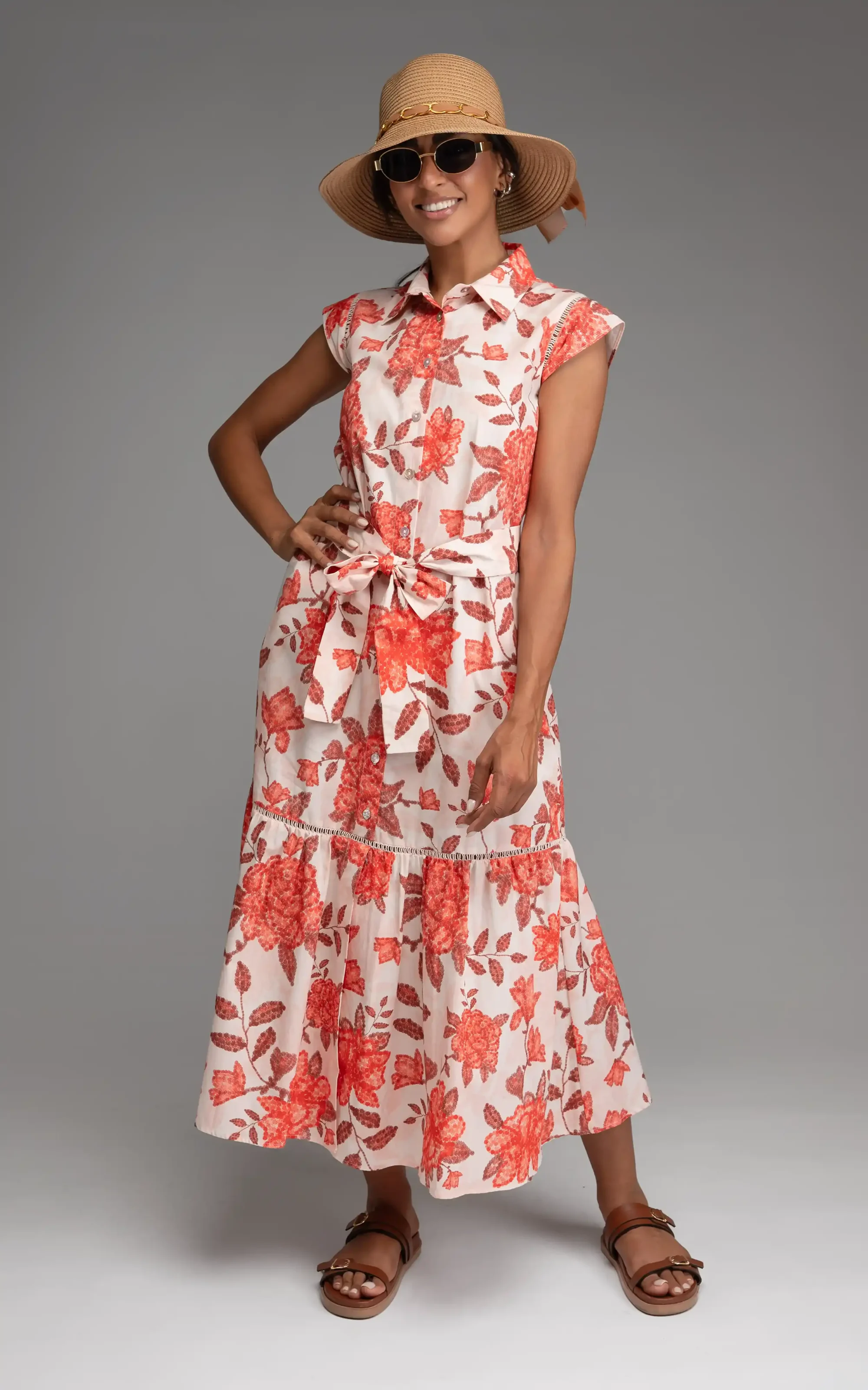 Front of womens floral cap sleeved dress