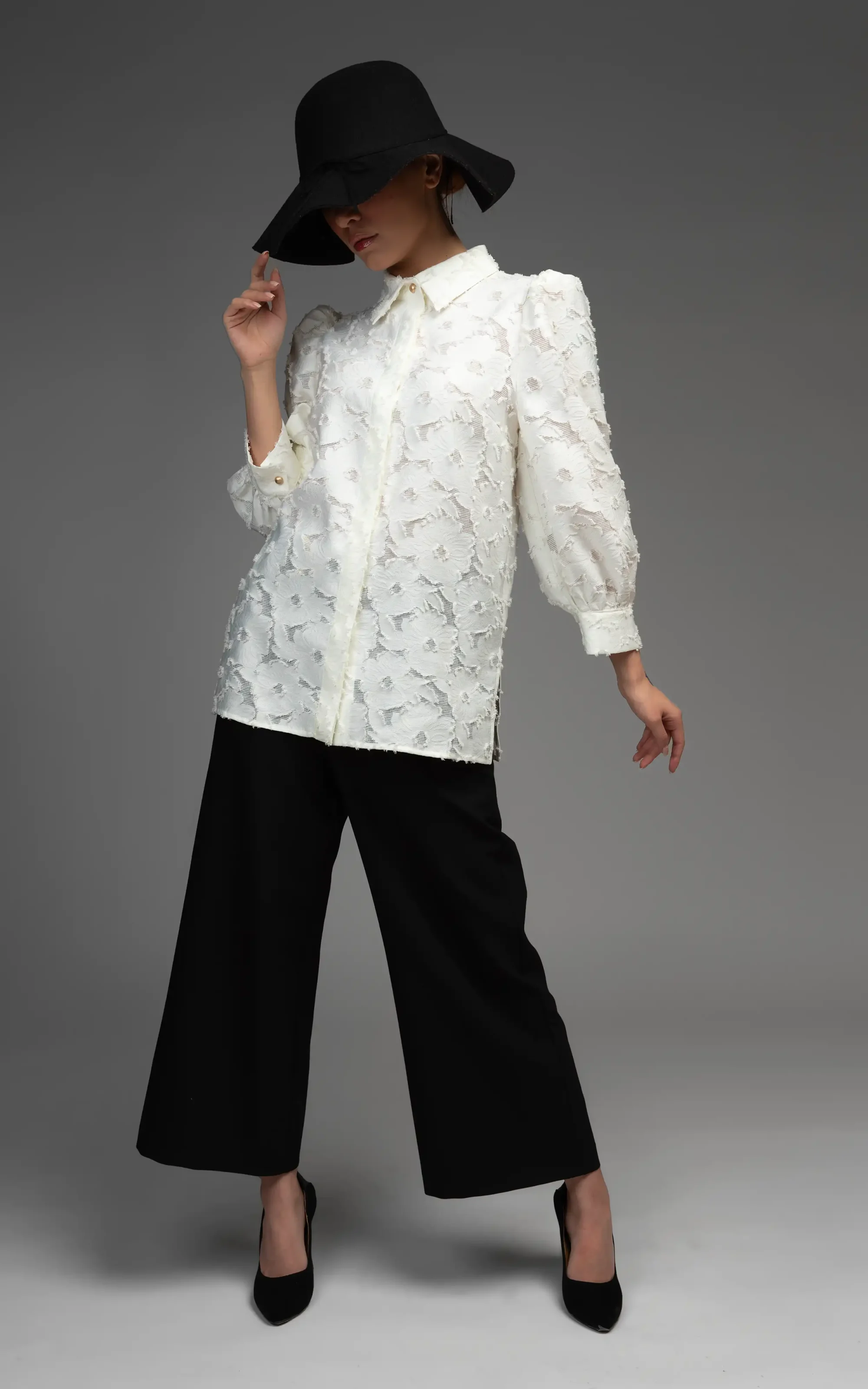 Front of Nevado Womens shirt white floral pattern