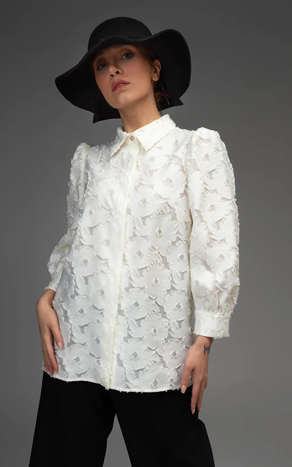 Front of Nevado Womens shirt white floral pattern