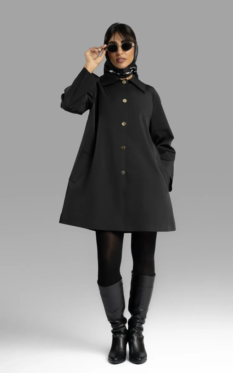 nevado womens formal long sleeve buttoned collared black raincoat