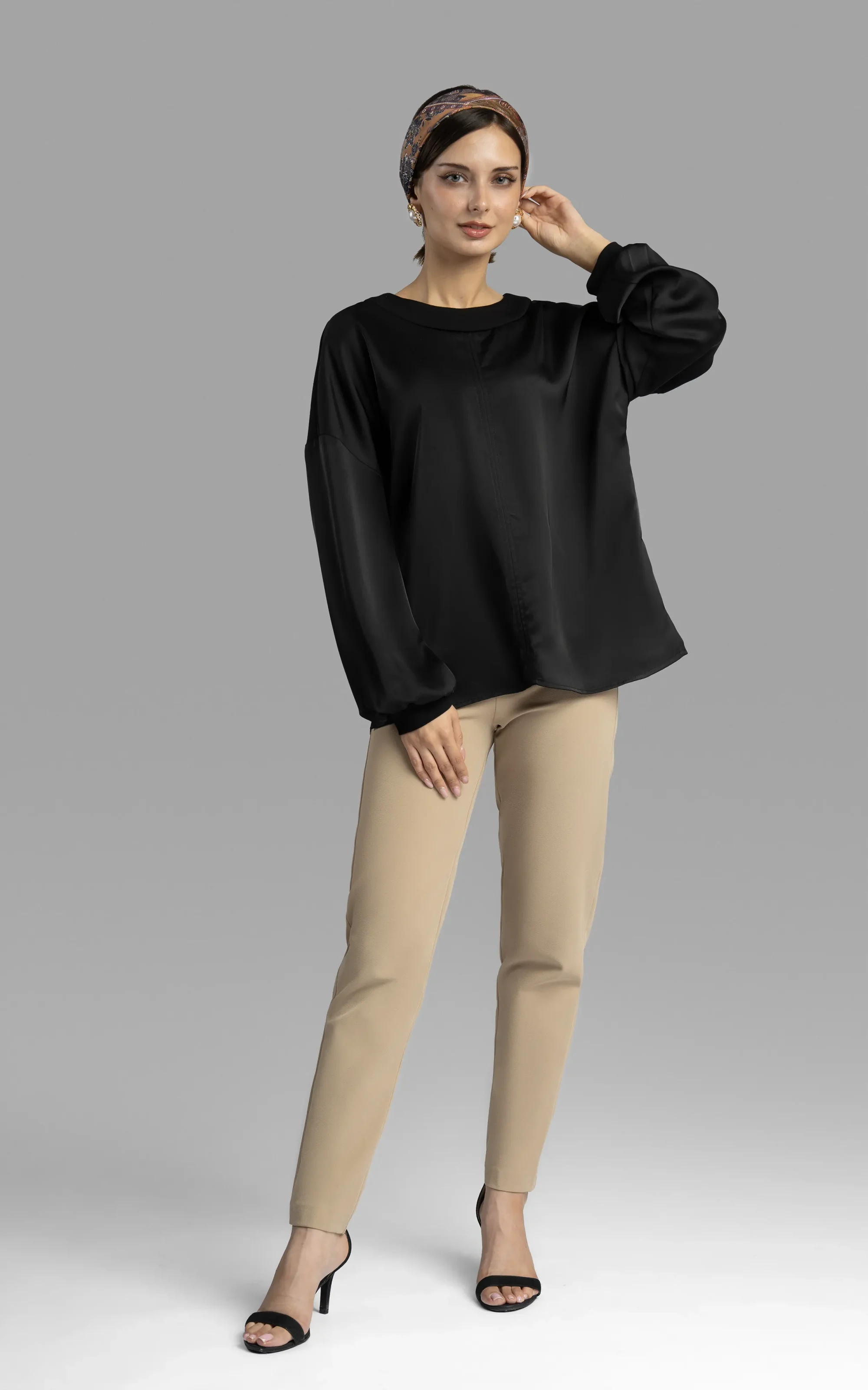 front view womens long sleeve black shirt