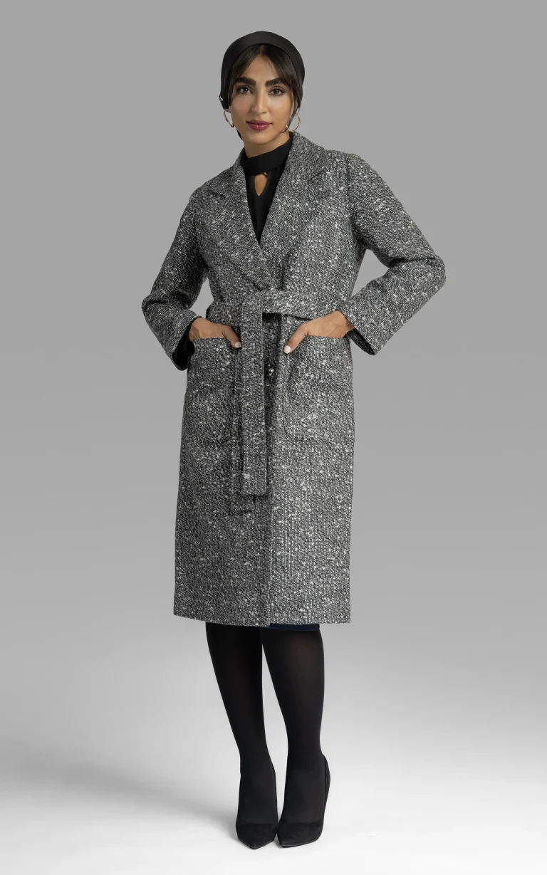 Womens gray patterned long sleeved buttoned belted overcoat