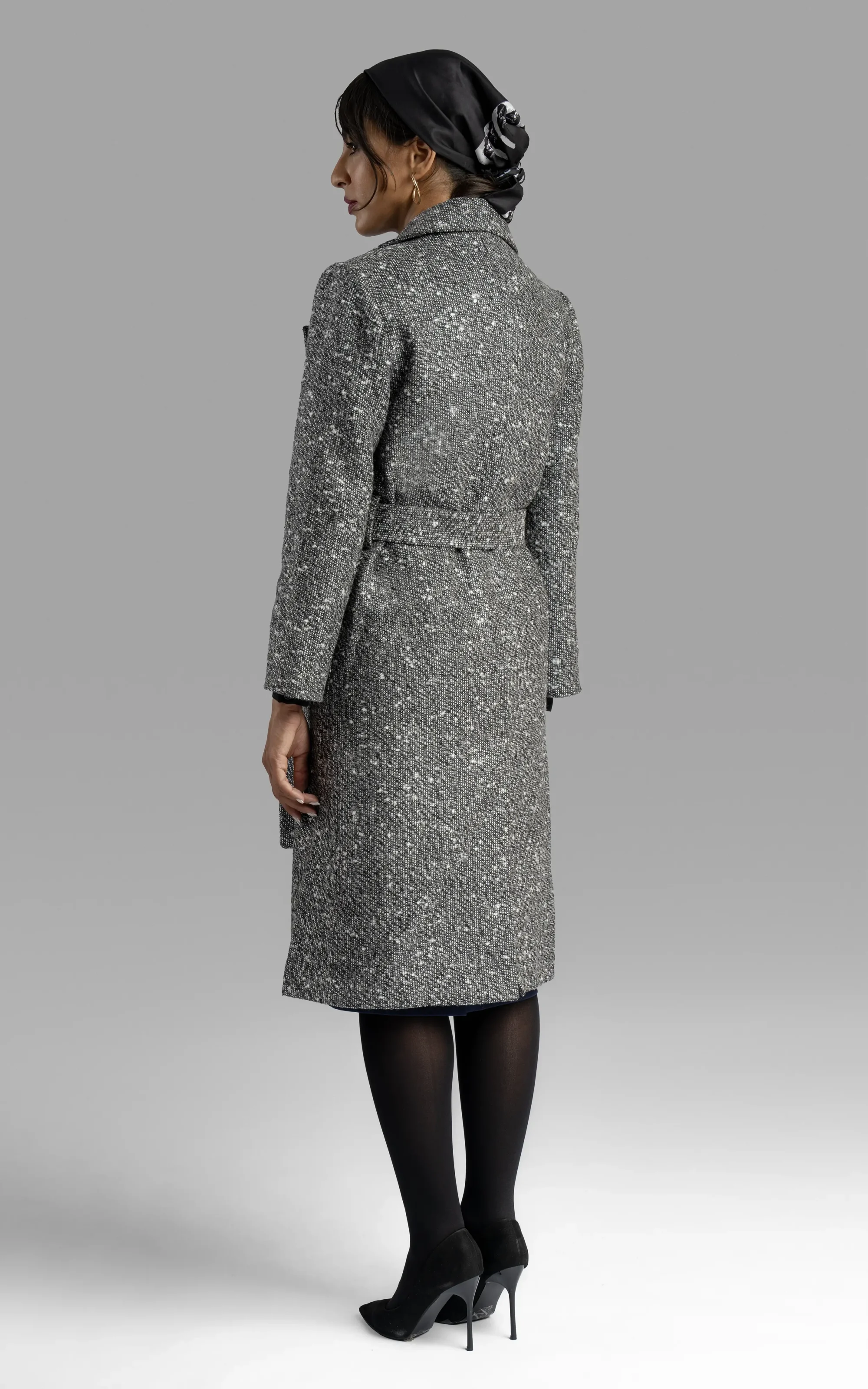 Womens gray patterned long sleeved buttoned belted overcoat