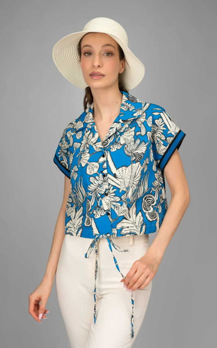 nevado womens floral patterned blue cap sleeved collared buttoned spring-summer shirt