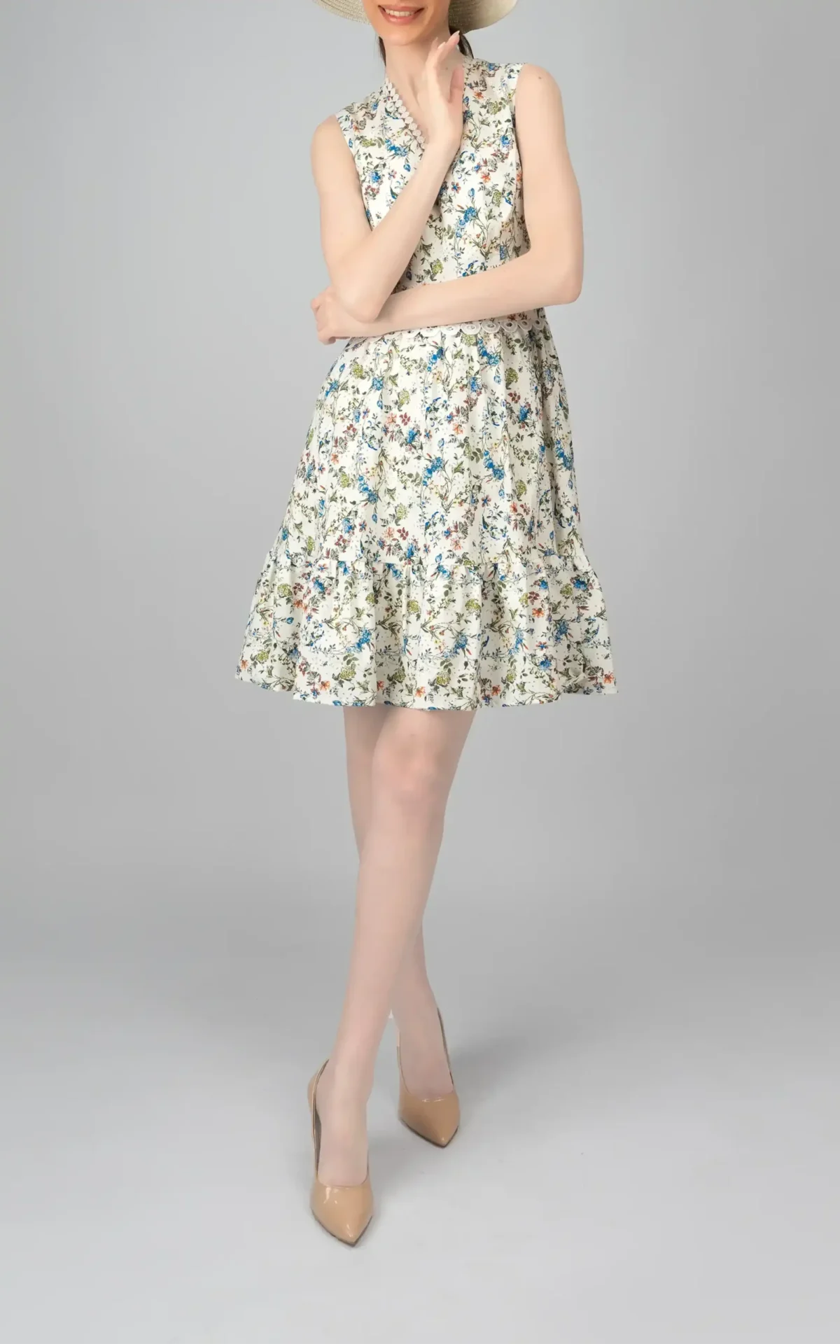 Womens Sleeveless floral patterned blue-green flutter spring-summer dress