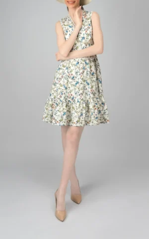 Womens Sleeveless floral patterned blue-green flutter spring-summer dress