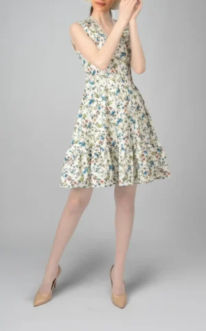 Womens Sleeveless floral patterned blue-green flutter spring-summer dress