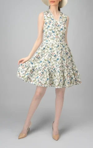 Womens Sleeveless floral patterned blue-green flutter spring-summer dress